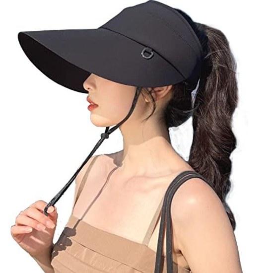 IFSUN Sun Visor Ladies Hat UPF+50 UV Protection Cut Spring Summer Wide Brim Face Slimming Chin Strap Large Size Quick-Drying Tennis Golf Sports