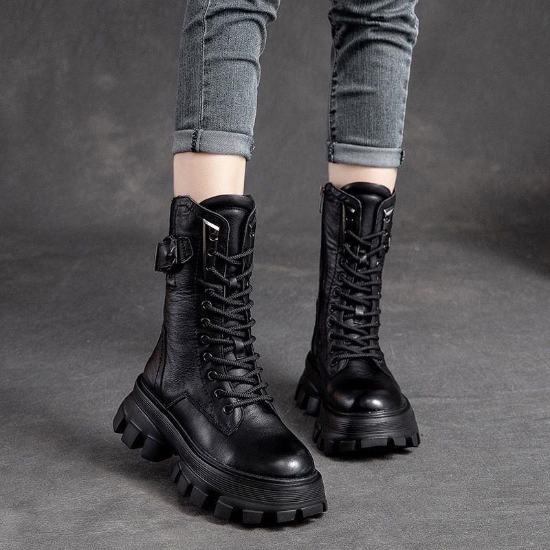 Fashion Autumn Winter Fleece-Lined Round Toe Leather Platform Ladies Mid Calf Shoes Chic and Elegant with Laces Women's Half High Boots