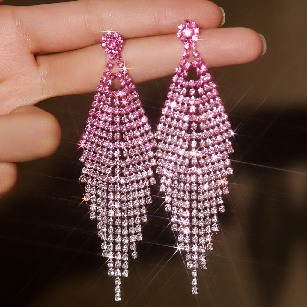 Ladies Light Luxury Rhombus Long Tassel Shines Crystal Ear Drop