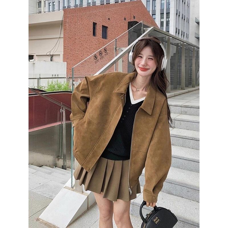 Women S Vintage Suede Jacket Loose Fit Lapel Casual Moto Coat