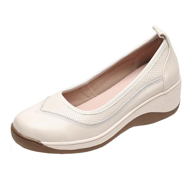 thick-soled wedge single shoes women's spring light soft-soled leather shallow mouth casual leather shoes