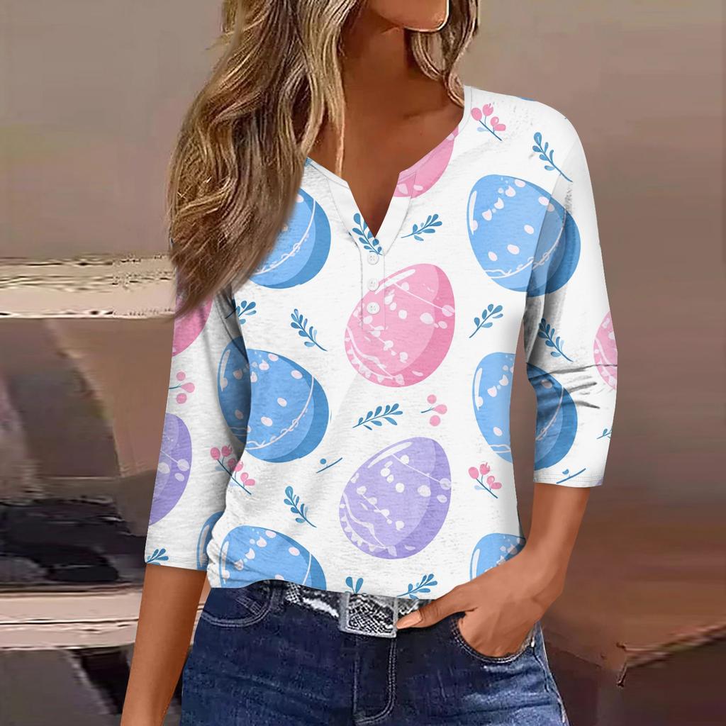Women's Fashion Casual Easter Printed V-neck Short Sleeve Decorative Button Seven Sleeve T-shirt Top