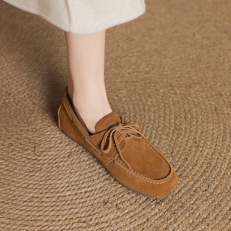 Fashion 2025 New Spring Genuine Leather Women Shoes Round Toe Women Flats Shoes for Women Retro Lace Up Loafers Fashion Ladies Shoes