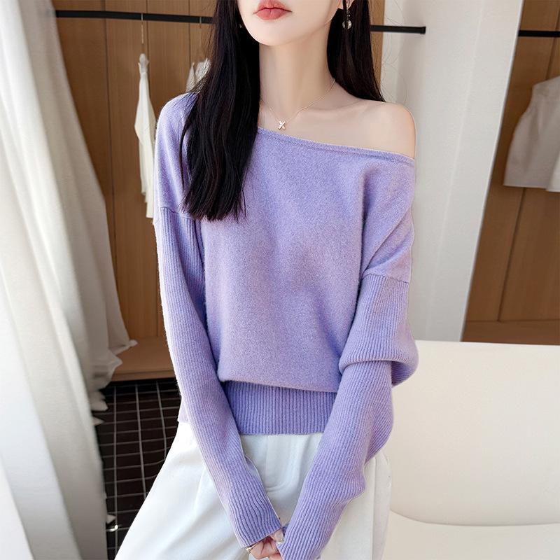 Korean Style Wool Batwing Sleeve One-Shoulder Knit Top - Autumn 2026 Women's Fashion