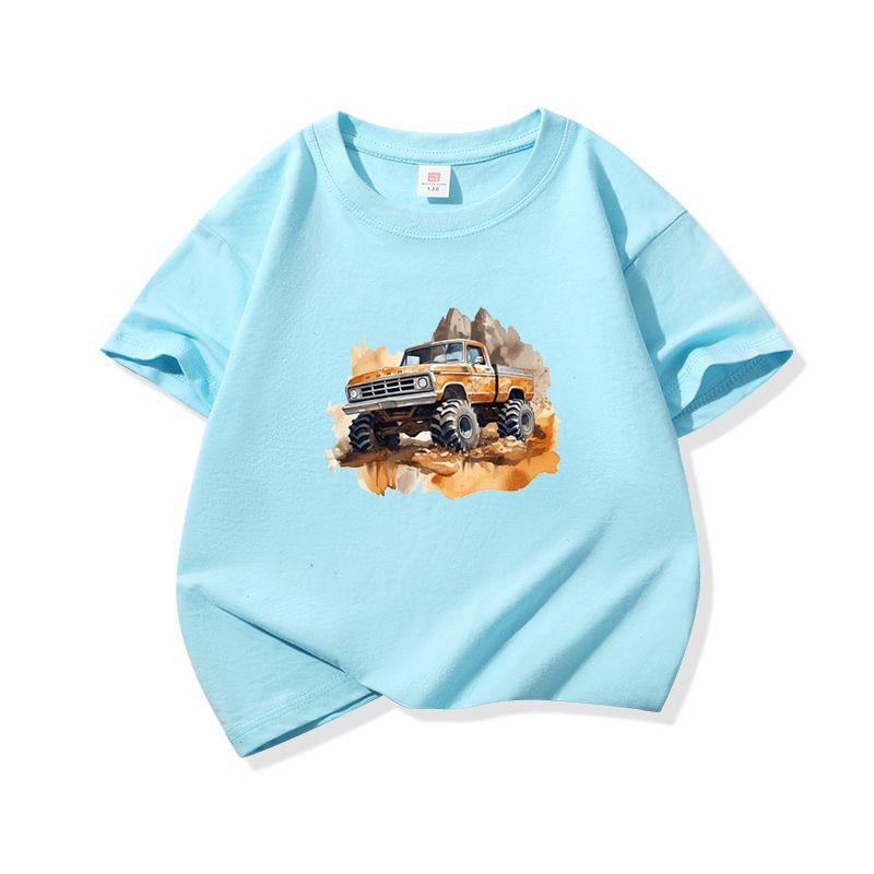 Kids Cotton T Shirt Retro Watercolor Offroad Car Print Crew Neck Short Sleeve Tee Casual Breathable Boys Girls Summer Tops