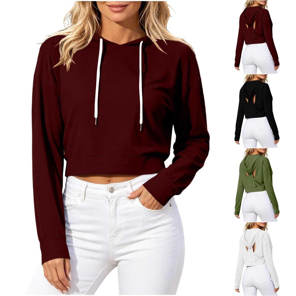 Damen Hoodie mit langen Ärmeln, kurz geschnitten, rückenfrei, für trendige Streetwear