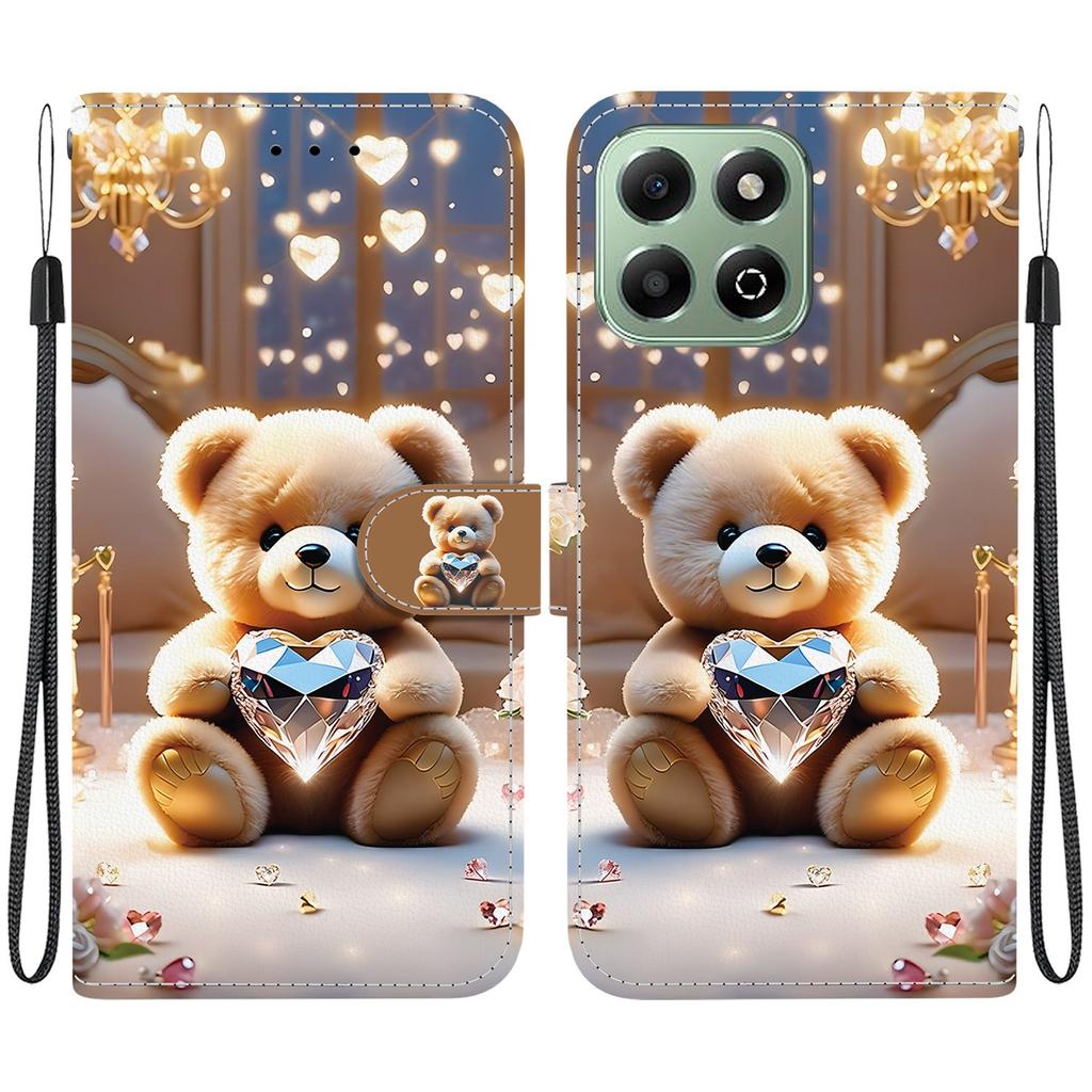 Handmade PU Leather Flip Case for Honor X6b Anti-Slip Shockproof Cover with Wrist Strap & Heart/Rose Cat Designs