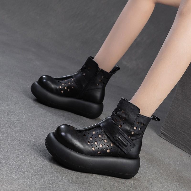 Johnature Retro Breathable Hollow-out Summer Boots Genuine Leather Short Boots Versatile Women's Flat Platform Shoes
