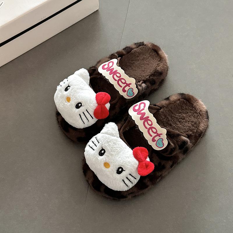Cartoon Hello Kitty thick-soled warm fluffy shoes for women's 2025 autumn and winter new fashionable retro Velcro bag head slippers