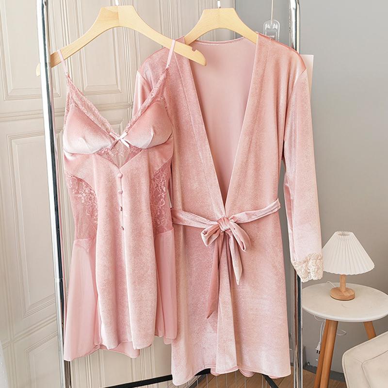 New Autumn Velvet Pajamas Two-piece Robe Set Feminine Lace See-through Robe Bathrobe Casual Velvet Home Clothes