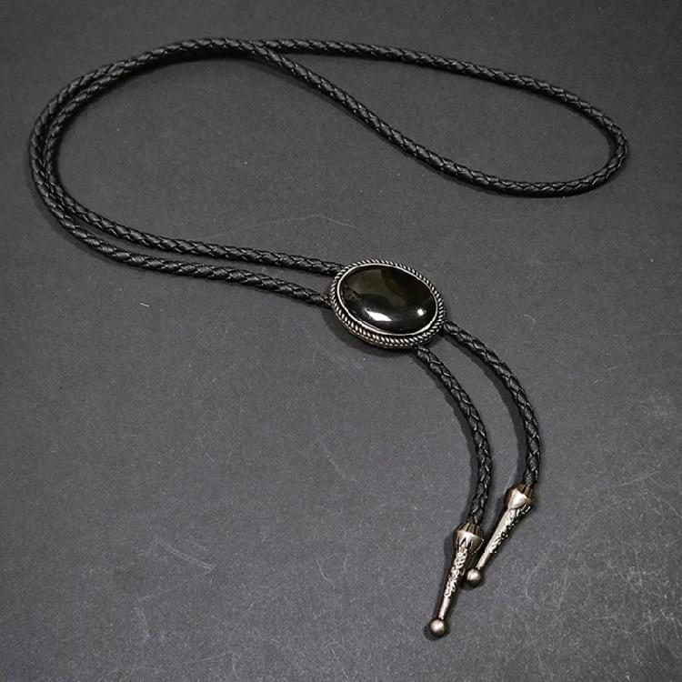 Western Shoestring Necktie Braided Belt Tie Cool Charm Engraved Stone Pendant for Women Men