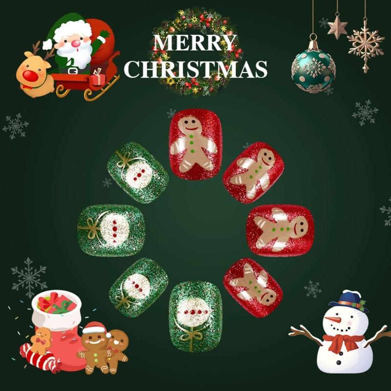 24 Pcs Christmas Press On Nail Short Round Full Cover False Nail Christmas Gift Stick on Nail Glittering Acrylic Nail