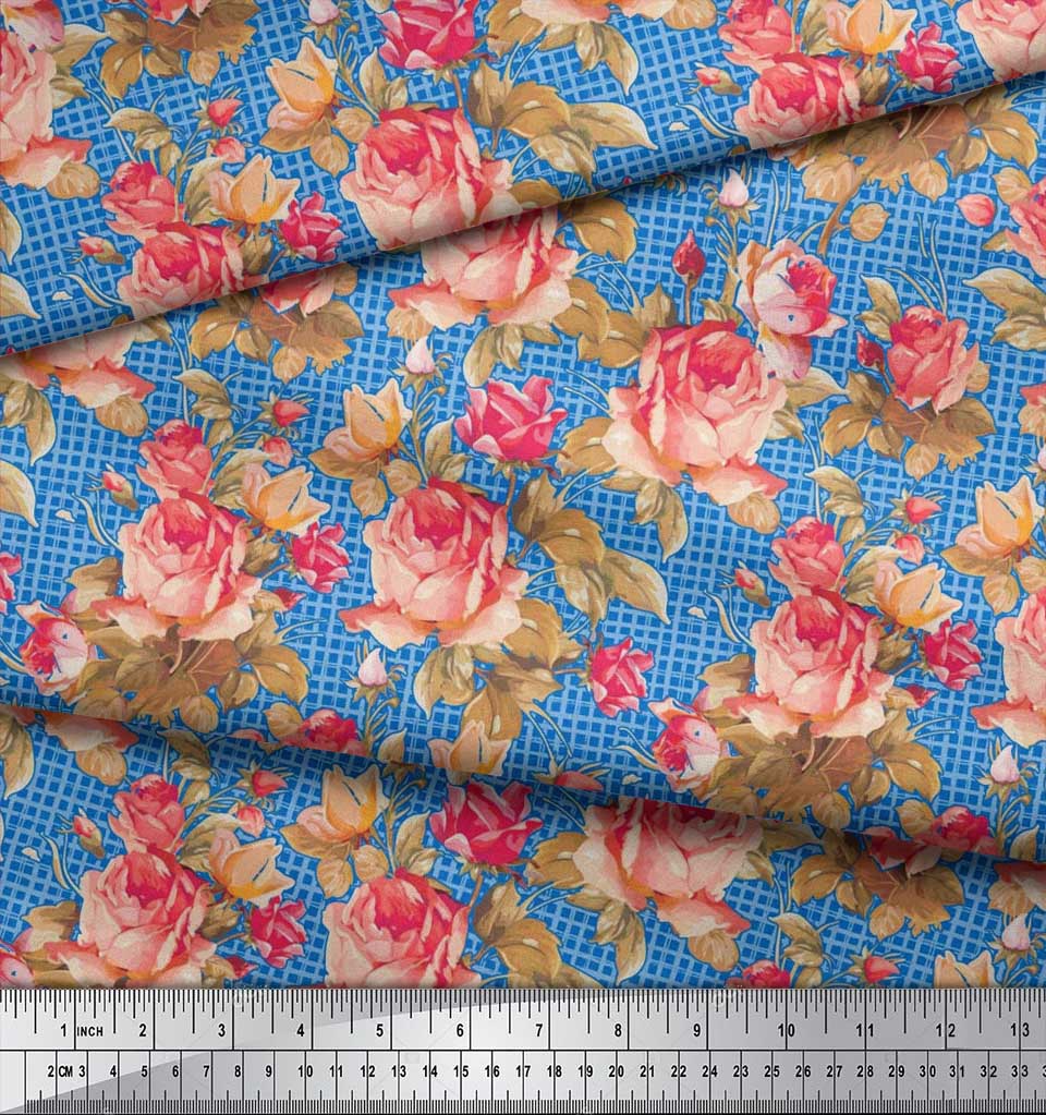 Soimoi Japan Crepe Satin Stoff Sjekk, Blader & Rose Blomstertrykk Sy Stoff meter 42 tommer