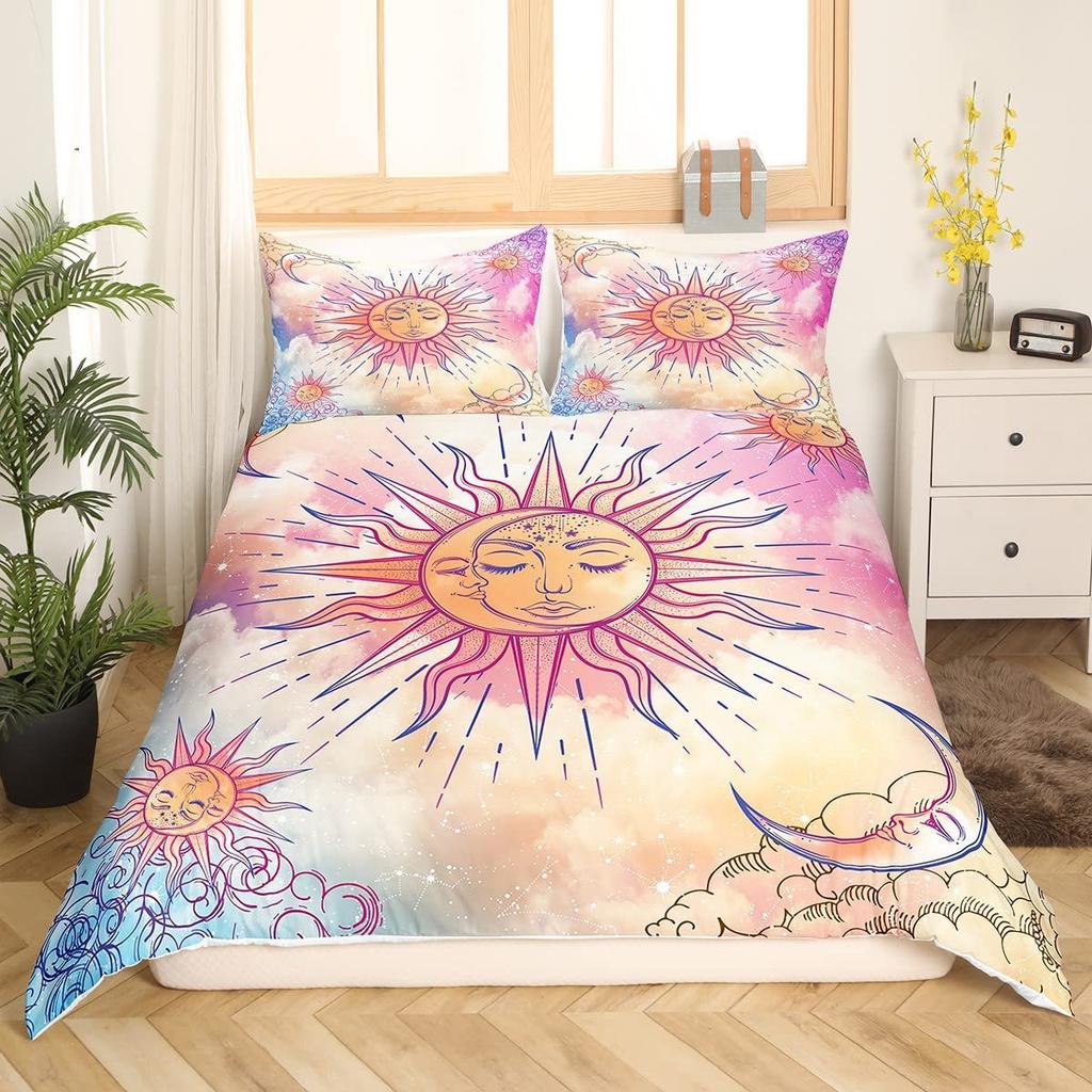 Boho Sun and Moon Duvet Cover Set Black White Floral Bedding Set Bohemian Exotic Comforter Covers Queen Bedroom Decor All Season