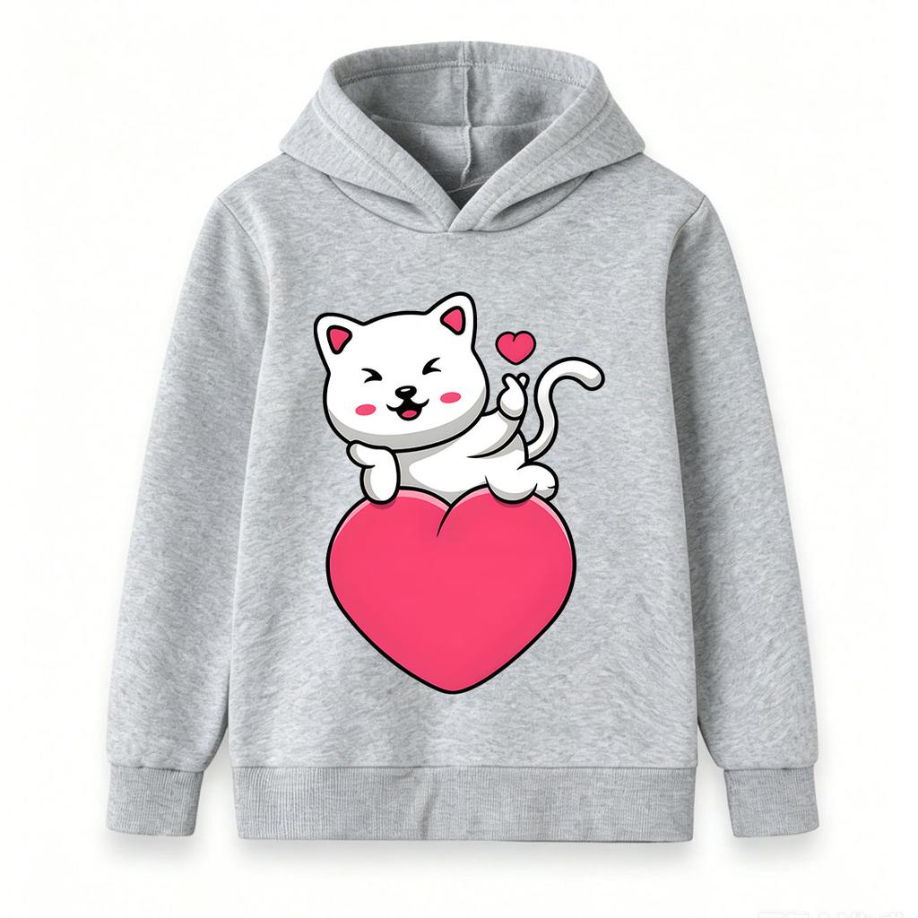 Kids Boys Girls Pullover Hoodie, Cute White Cat Blowing Kiss Print Warm Casual Hooded Sweatshirt for Daily Wear Gift for Cat Lovers, Soft