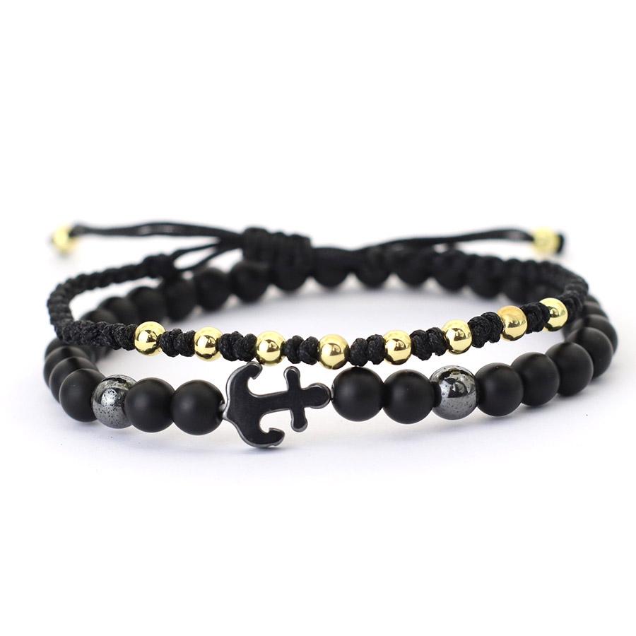 2pcs Double Layer Black Beads Anchor Bracelet Men Hand Rope Braided Lucky Red Rope Women Personalized Student Couple Bracelet