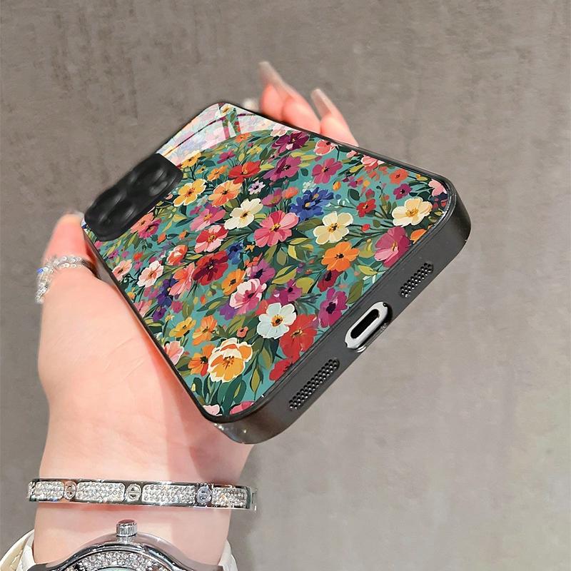 Style Colorful Floral Pattern HD Tempered Glass Phone Case For iPhone 17 16 15 14 13 12 11 Pro Max 16E 7 8 Plus XR XS X Cover