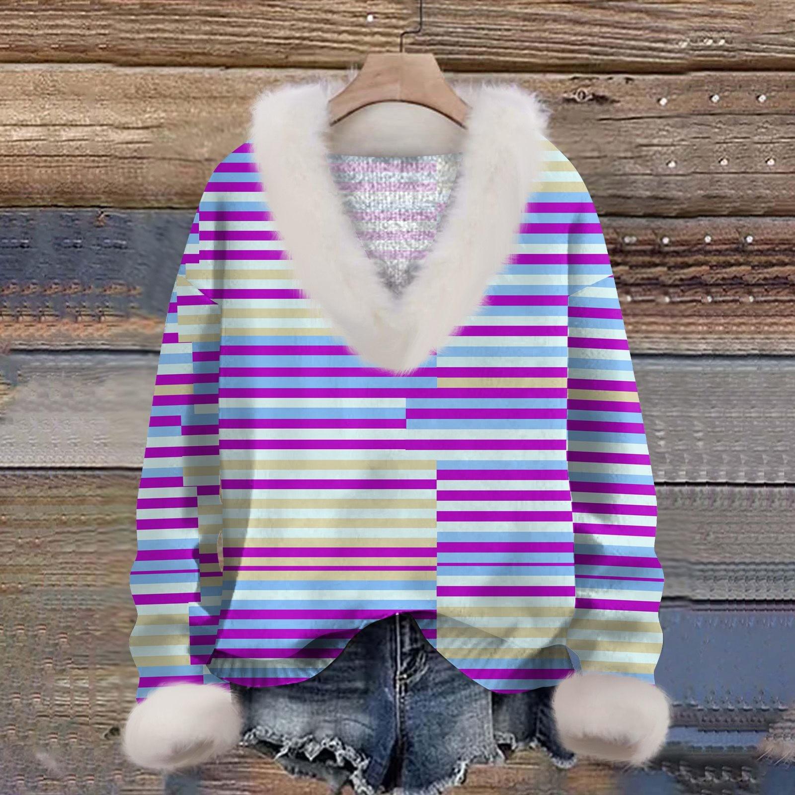 

Женская толстовка с длинным рукавом, принтом, плюшевым воротником, V-образным вырезом, пуловер XXXL фиолетовый