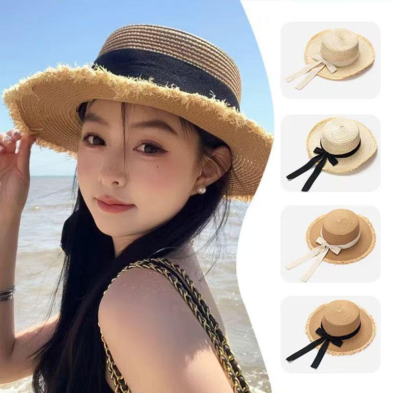 Straw hat seaside beach summer sun hat bow flat top hat sun hat rough edge vacation shade sun protection