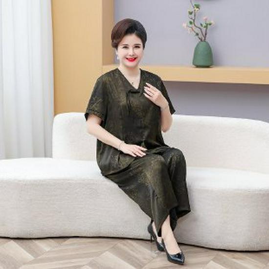 

Stylish Plus Size Chinese Summer Short Sleeve Two-Piece Set for Middle-Aged & Elderly Women 2XL (recommended for 115-130 jin) чёрный