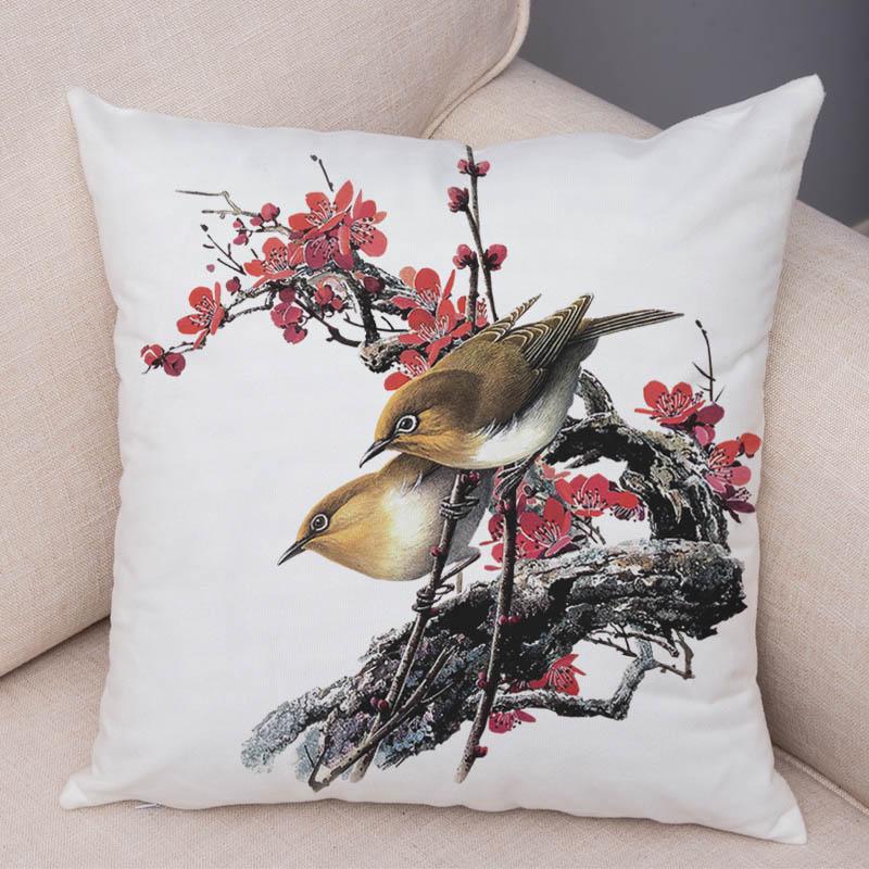 Super Soft Soft Plush Watercolor Lovely Birds Flower Robin Tit Finch Goldfinch Sparrow Berries Tufted Cushion Cover Pillow Case