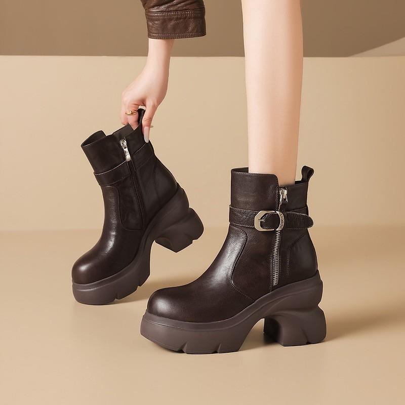 Womens Black Fashion Thick Sole Platform Short Boots Round Toe Chunky Heel Side Zip Motorcycle Fall Winter