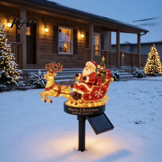 Solar Christmas Path Lights Santa And Reindeer Sleigh Garden Stake Light, Warm LED Pathway Weather Resistant Yard Art Lamp, Powered Outdoor Waterproof