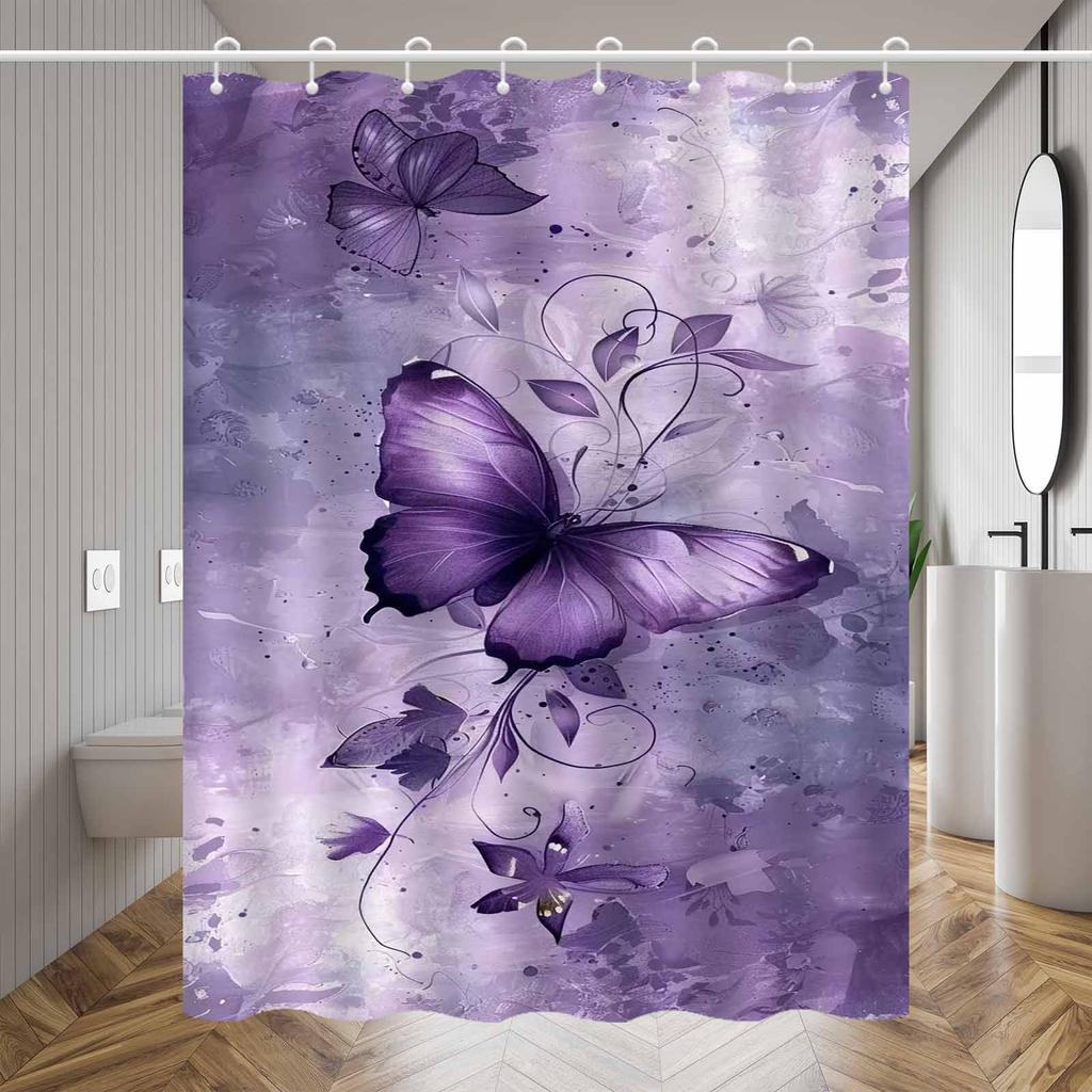 Eleganter Lila Schmetterlingsmuster Duschvorhang, Hochwertige Polyester Badezimmer Dekoration Mit Haken, Maschinenwaschbar, Künstlerisches Design