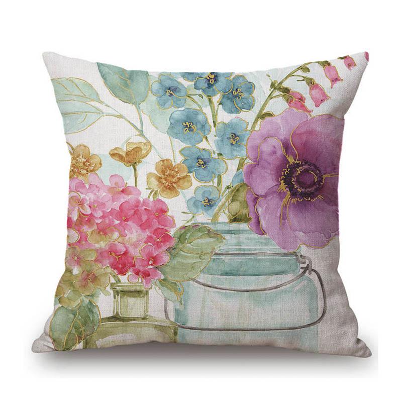 18 Rainbow Seed Flower Oil Painting Vintage Home Decoration Sofa Throw Pillow Case Cotton Linen Square Cushion Cover Peach skin 18*18(CM)-1Pcs