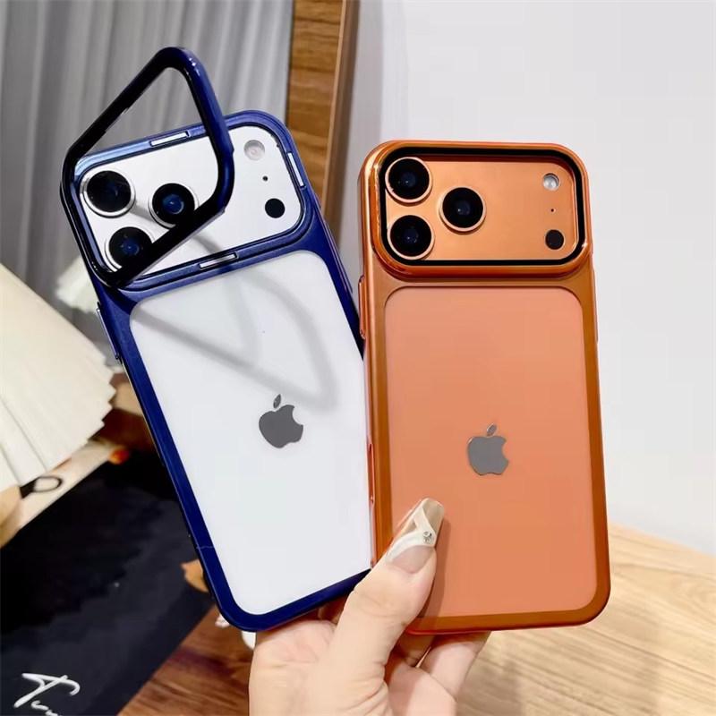 Plating Fold Glass Camera Stand Holder Clear Phone Case For iPhone 17 16 Pro Max 17 Air 16 Pro Ultra Thin Transparent Shockproof PC Cover