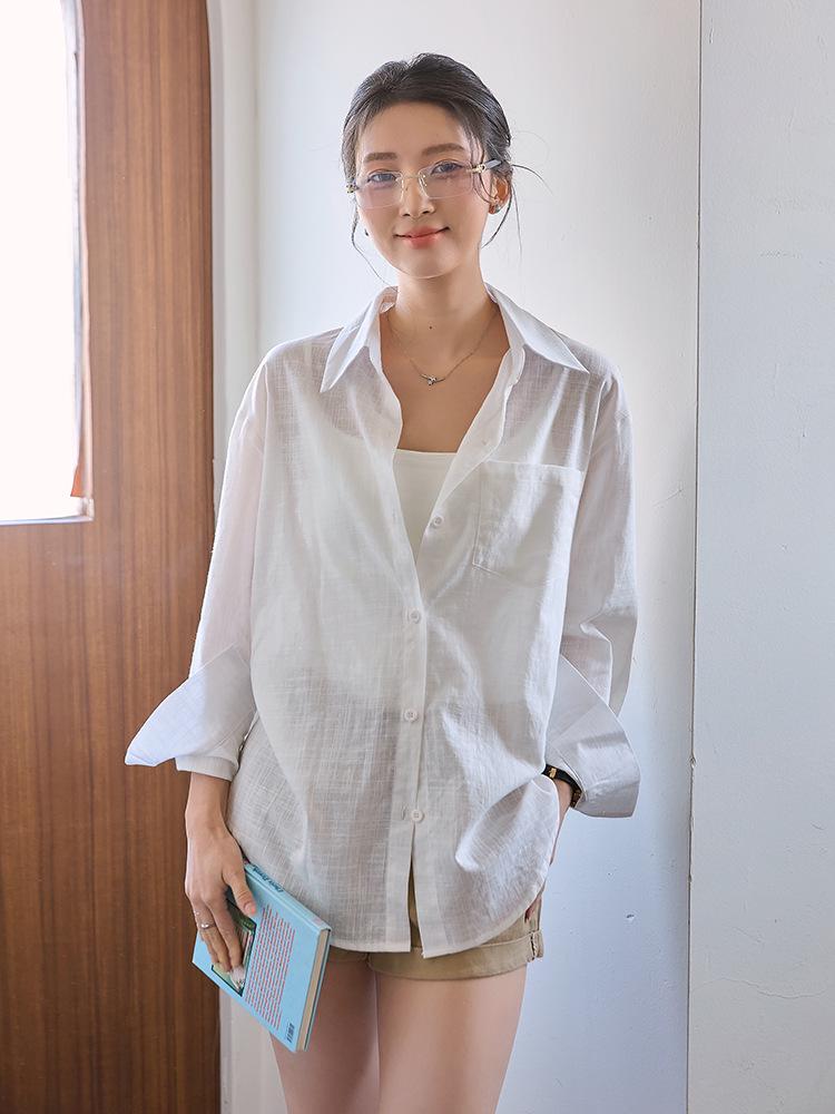 White Washed Cotton Linen Long Sleeve Shirt - Spring/Summer 2026 Sun Protective Loose Cardigan Top