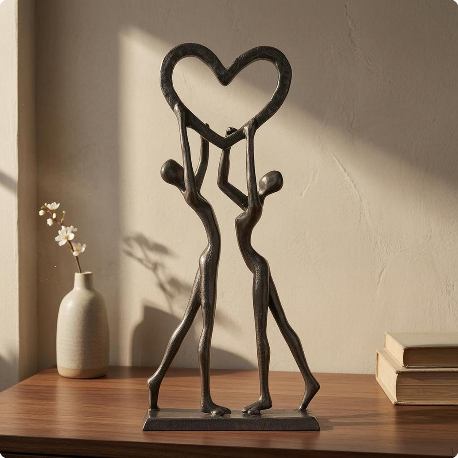 Cast Iron Figurine Black Metal Couple Freestanding Sculpture for Couples Heart