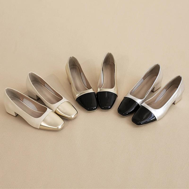 LeShion  Real Women Pumps Silvery Mix-color Chunky High Heel Slipon Shallow Shoes Woman Square Toe Golden Pump