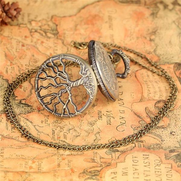 Steampunk Retro Bronze Hollow Tree of Life Quartz Pocket Watch with Fob Chain Women Watch Pendant Necklace Chain Men Gift