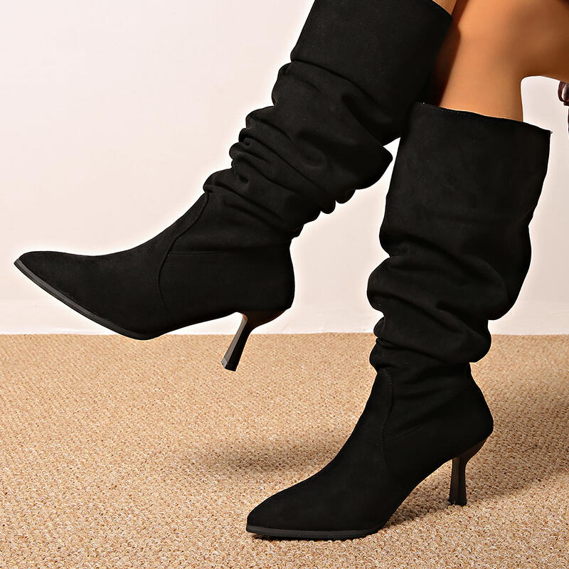 Retro Black Suede Knee High Boots Women 2025 Winter Sexy Pointed Toe High Heel Riding Boots Party Dress Shoes Plus Size