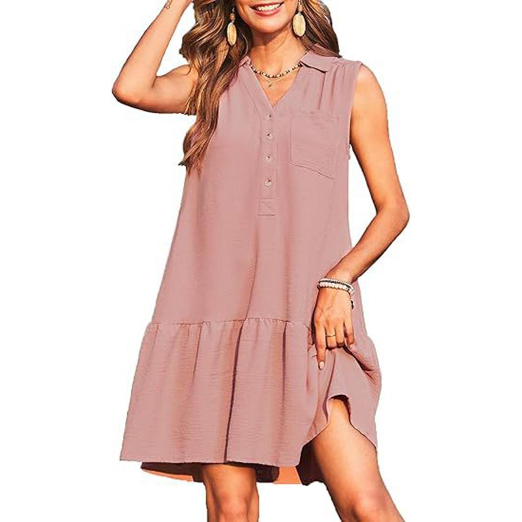 Women's Spring And Summer V-neck Button Sleeveless Dress Casual Vest Dress