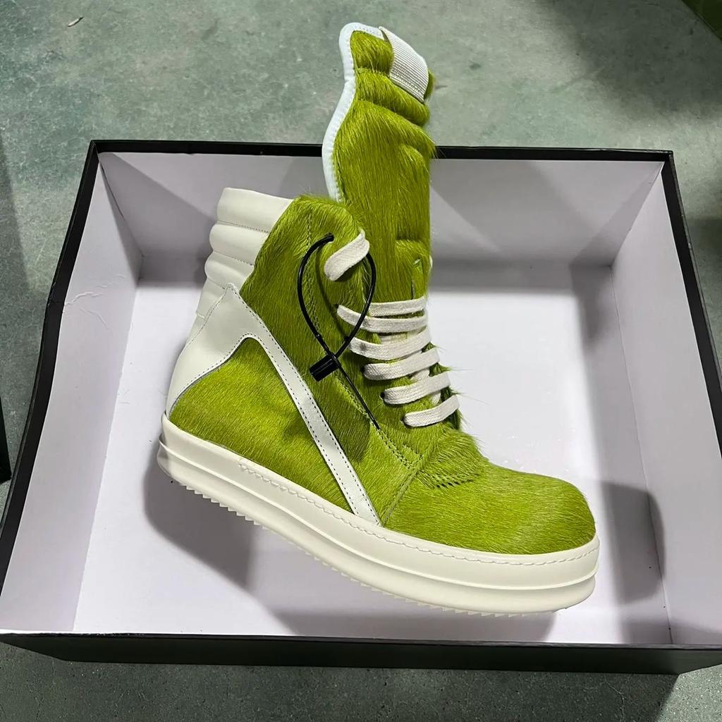 Minimalistische Qualität Grasgrün Rosshaar Echtleder Lässige Herren Pelzschuhe Damen High Top Pelzige Sneakers Ballerinas Stiefeletten
