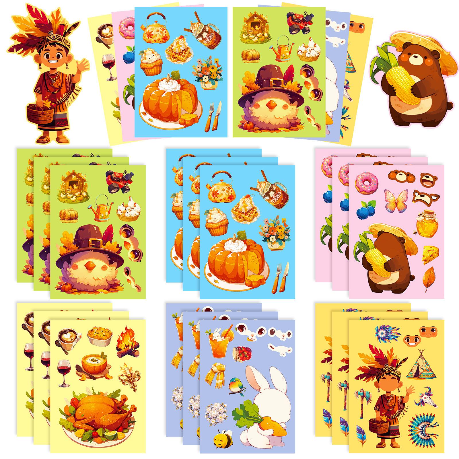 

6 Photos/pack of Turkey Puzzle Face Change Stickers Thanksgiving Cartoon Collage Autumn Harvest