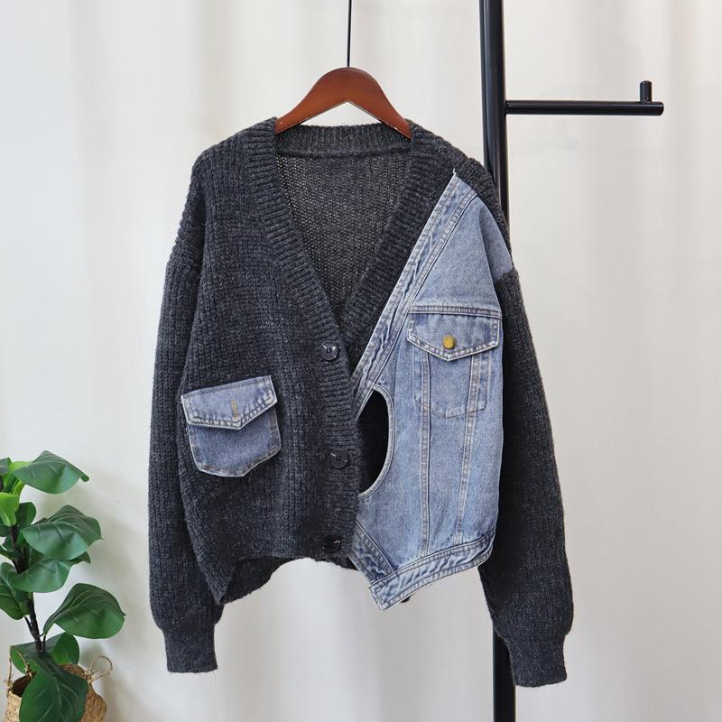 Autumn and winter new loose short splicing denim sweater jacket design sense niche knitted cardigan women