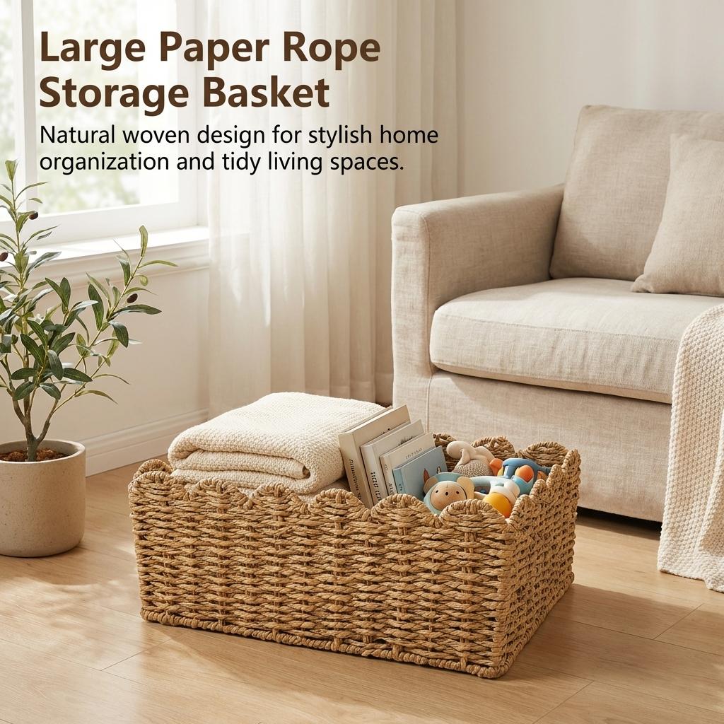 Wicker Storage Basket Paper Rope Material Large Capacity Home Organization