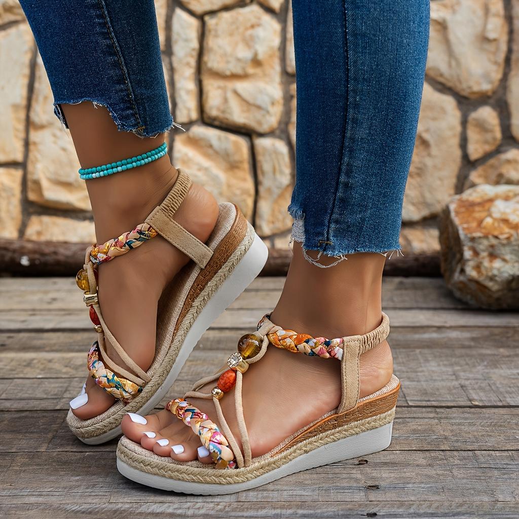 Thick-Heeled Platform Wedge Height-Increasing Rope Sole Fashion Casual Woven Lace-Up Sandals, Summer Versatile Flat Shoes