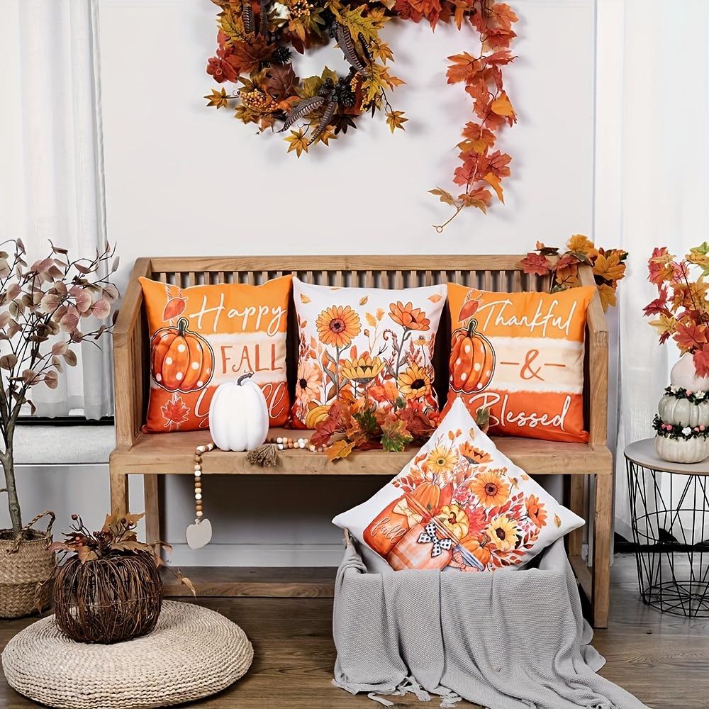 4pcs Fall Thanksgiving Throw Pillow Covers - Rustic Farmhouse Decor with Pumpkin, Floral and Mason Jar Patterns - Polyester, Zipper Closure - Perfect
