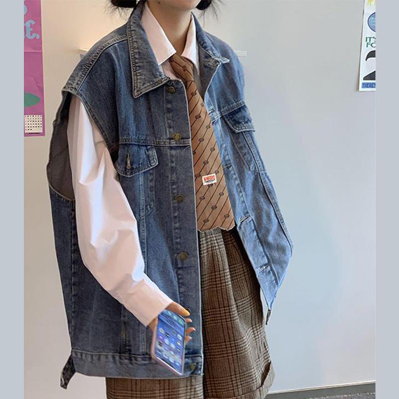 Gilet da Cowboy Primavera e Autunno Versione Coreana Personalità Largo Senza Maniche Clip per Cavallo Giacca Versatile Femminile