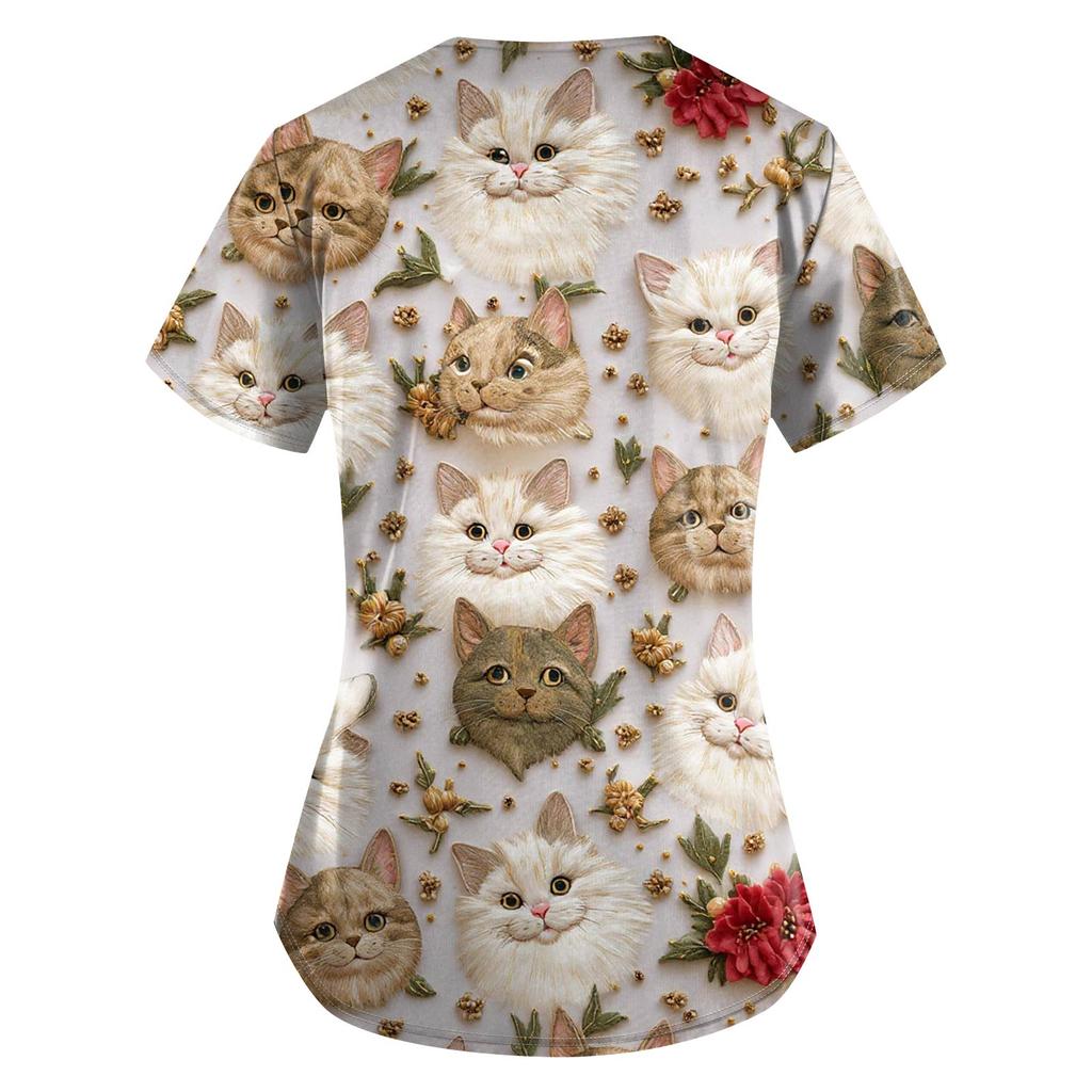 Women's Fashion Printed Short Sleeve V Neck Pattern Tops Pocket Working T-shirts