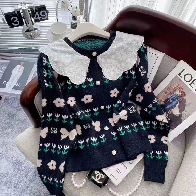 Doll Collar Sweater Coat Knitted Cardigan Women Spring and Autumn 2022 New Hot Style Age-reducing Lace Long-sleeved Sweater Top