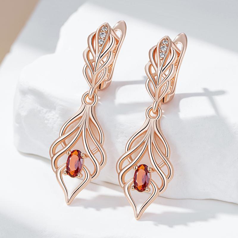 Trendige Lange Hängende Ohrringe Für Damen Mode Roségold Farbe Roter Natürlicher Zirkon Accessoires Täglicher Feinschmuck
