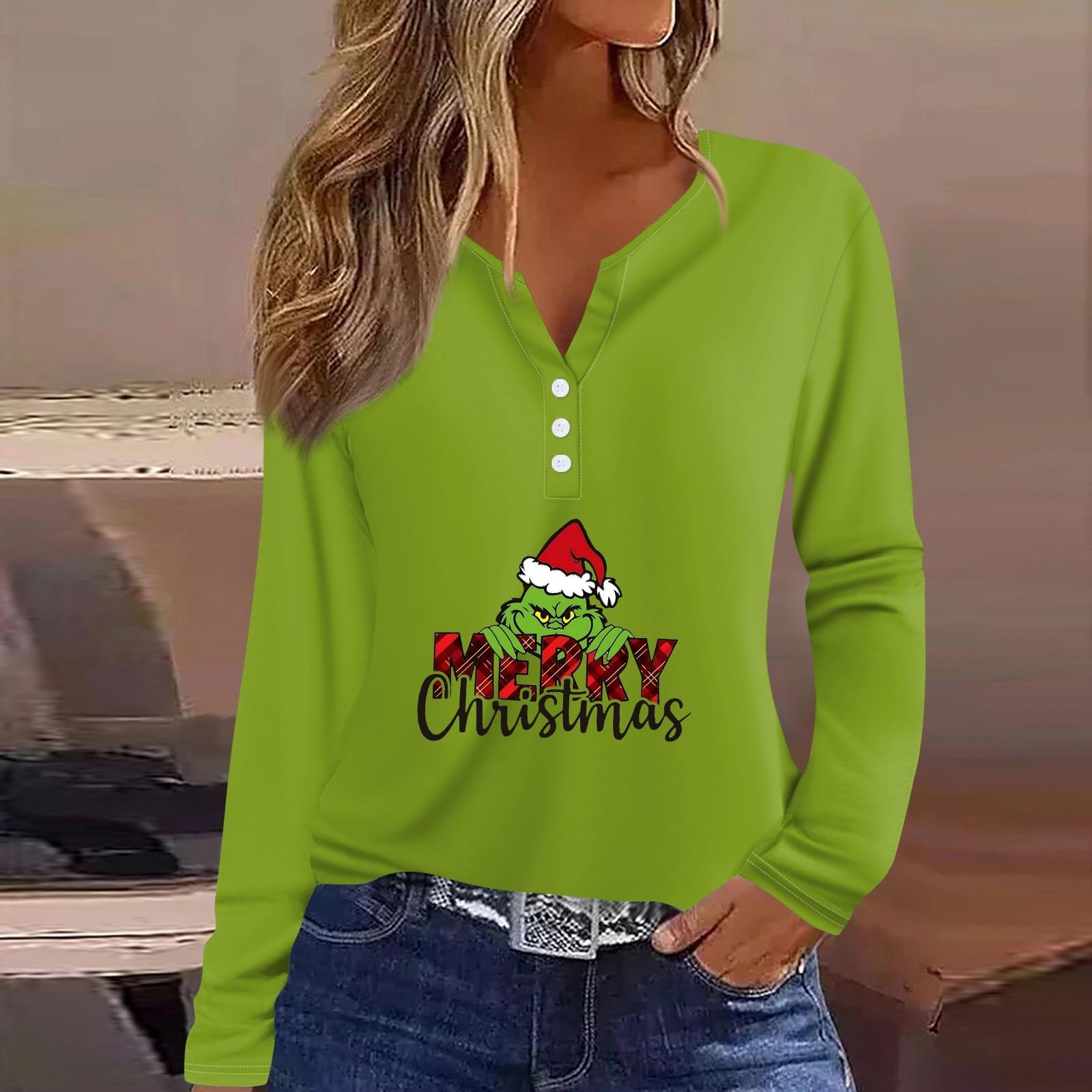 

Женская футболка с рождественским принтом на пуговицах с длинным рукавом, повседневная, выходного дня, модная, базовая, с V-образным вырезом, обычная XL