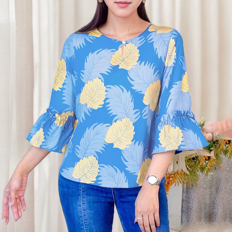 ZANZEA Blouse d'été décontractée à col rond et manches 3/4 amples à fleurs pour femmes