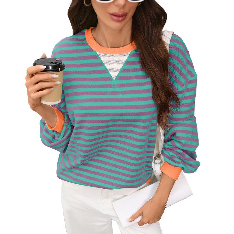 VEZFAA Women's Fashion Casual Spring Autumn Stripe Print Long Sleeve O-Neck Blouses & Shirts