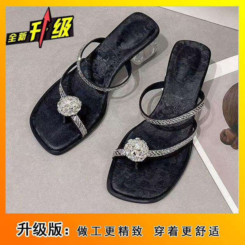Women wearing slippers 2025 new fashion national style embroidery thick heel crystal toe high heel elegant cool slippers women